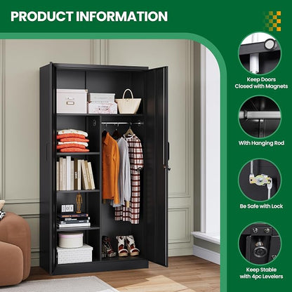 72" H Metal Garage Storage Cabinets, Lockable Broom Closet Cabinet with Hanging Rod & Doors, 5-Tier Steel Utility Cabinets for Garage, Laundry Room, Warehouse Storage, Black