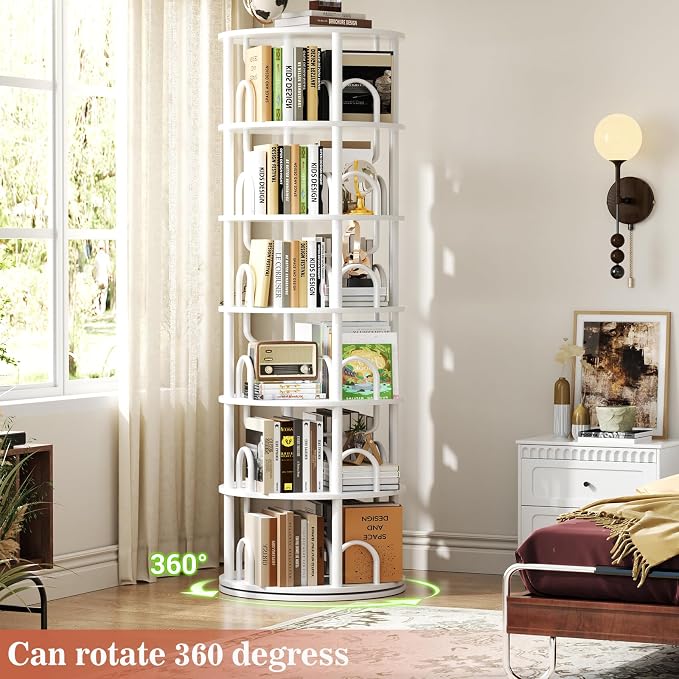 Aheaplus 6 Tier Rotating Bookshelf Tower, Revolving Bookcase, 360° Round Spinning Book Shelf, Narrow Swivel Bookshelves Vertical Rolling Turning Corner Bookshelf Organizer for Small Space, White