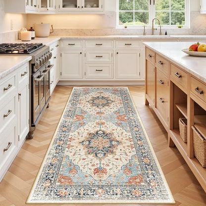 RELEANY Area Rugs Runner 3'x6' Washable Non-Slip, Floral Vintage Distress Medallion Carpet for Kitchen Hallway Bedroom Beside Laundry Room Bathroom, Beige Navy Blue Orange Colorful