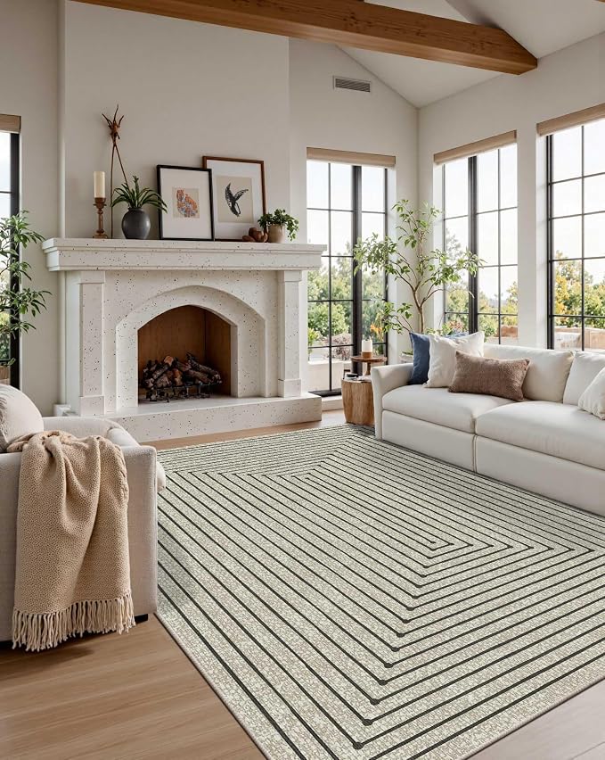 Latte&Fog 5x7 Area Rugs for Living Room Bedroom, Beige Modern Abstract Washable Rug, Boho Non Slip Low Pile Carpet for Indoor Dining Room, Office, Dorm, Classroom, Farmhouse and Kids Room - Beige