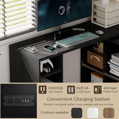 BOSHIRO Black L-Shaped Computer Desk with Storage Shelves, Small Study Writing Desk with Charging Station, 67” Bedroom Side Table & 360° Rotating Desk for Living Room