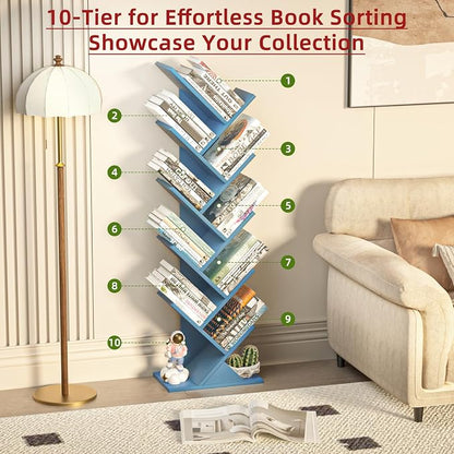 SHEEPAM 10 Tier Tree Book Shelf, Floor Standing Wood Bookshelf for Narrow Space, Storage Organizer Bookshelves for Books/CDs/Magazine, Bookcase with Shelves for Home Office, Living Room - Pure Blue