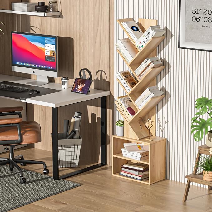 SHEEPAM 10 Tier Tree Bookshelf,Christmas Green Bookcase for Narrow Space, Storage Organizer Floor Standing Bookshelves for Books, Tall Book Case for Home Office, Living Room, Bedroom