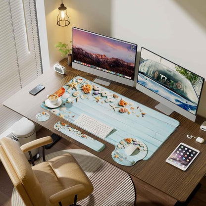 Desk Mat Set + Keyboard and Mouse Pad with Wrist Rest Support,4-in-1 Large Mousepad Computer Mats for Desktop Home & Office-Blue Shells