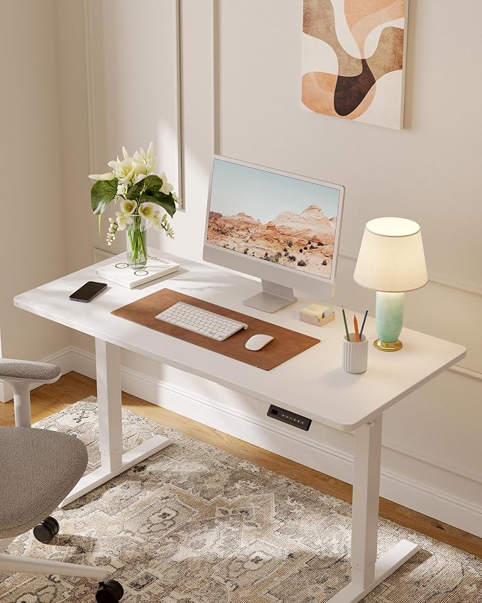 DESINO Standing Desk, 55 × 24 Inches Electric Height Adjustable, Sit and Stand Up, Computer Office Desk with Splice Board, White Frame/White TOP