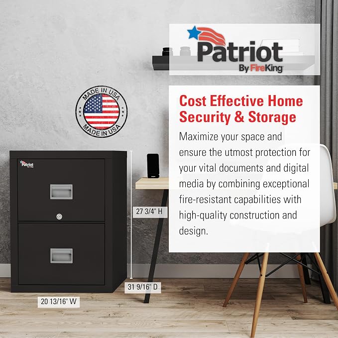 FireKing Patriot 2P2131-CBL Insulated UL Class 350 one-Hour Fire Rated Vertical Filing Cabinet with 2 Drawers, Deep Legal Size, 31-9/16" Length x 20-13/16" Width x 27-3/4" Height, Black