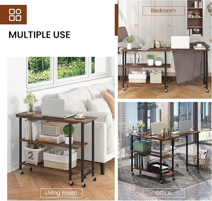 Tangkula 360° Rotating Sofa Side Table, Patented Mobile End Table with 2-Tier Storage Shelves, Swivel Rolling Desk with 6 Lockable Wheels, Metal Frame, Movable Laptop Table Couch Snack Table for Home