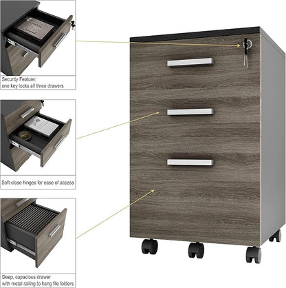 Modern Design Lazio File Cabinet, Filing Cabinets for Home Office, Drawers for Under Desk, Locking 3 Drawer Rolling Wood Filing Cabinet with Lock, Black and Grey, by Crafts and Comfort
