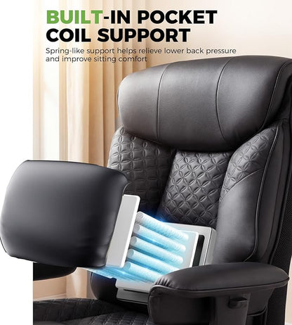 GTPLAYER Big and Tall Office Chair High Back Computer Gaming Chair with Ergonomic Lumbar Support &Pocket Spring Cushion for Lower Back Pain Relief, Leather Executive Chair with Foot Rest, Black