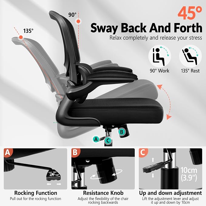 BESTFAIR Ergonomic Mesh Office Chair, Breathable Mesh Computer Desk Chair, Adjustable Lumbar Support, Flip-up Armrests, Executive Swivel Chair for Home Office, Black Pack of 10