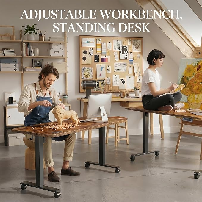 Electric Standing Desk, 48'' X 24'' Adjustable Height Desk, Ergonomic Home Office Computer Workstations, 27''-46'' Lifting Range Stand Up Desk with Wheels and Double Hooks, Easy to Move(Brown)