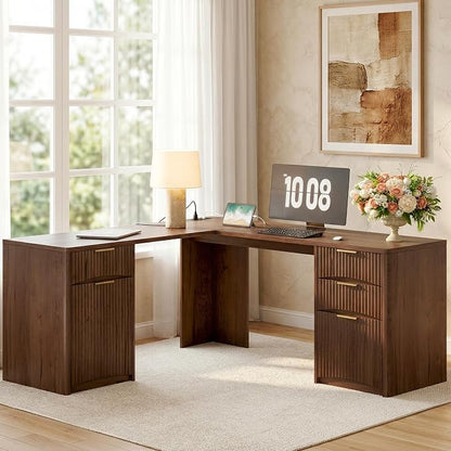 Whalefall 63'' Fluted L Shaped Desk with Drawers, Walnut | Corner Computer Desk with Charging Station, Modern Executive Home Office L Desk with File Cabinet Storage