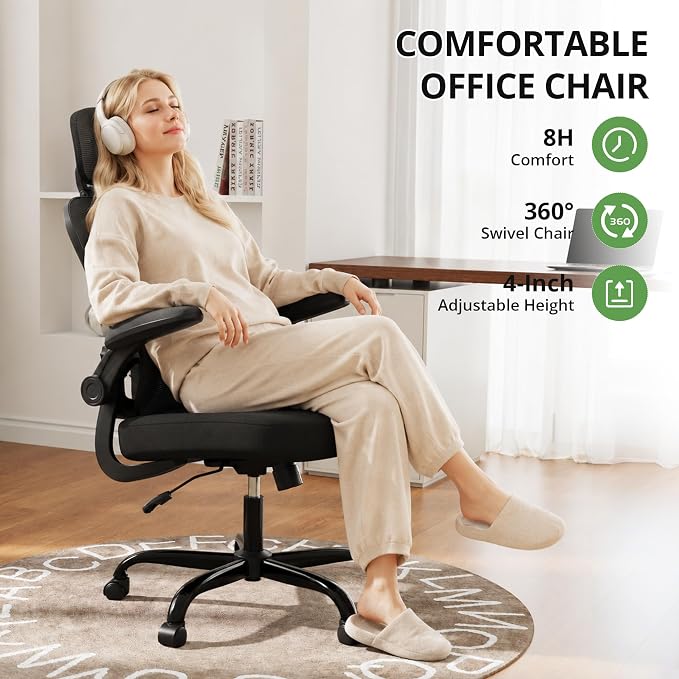 Ergonomic Office Chair 330 lb with Wheels, Lumbar Support & Headrest | Flip-Up Arms,Back Support,Gaming chairs,Breathable Mesh,2D Headrest