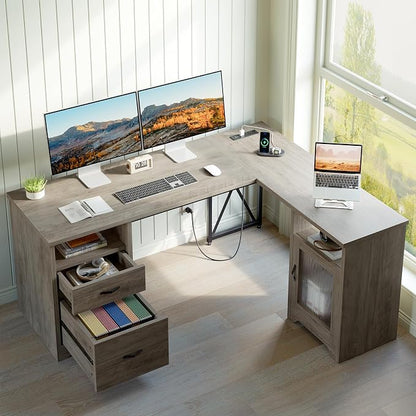 Bestier Farmhouse L Shaped Desk with Drawers, 63" x 47" Office Computer Desk with Charging Station & Fluted Storage Cabinet, Corner Desk with File Drawers, Modesty Panel for Home Office, Grey