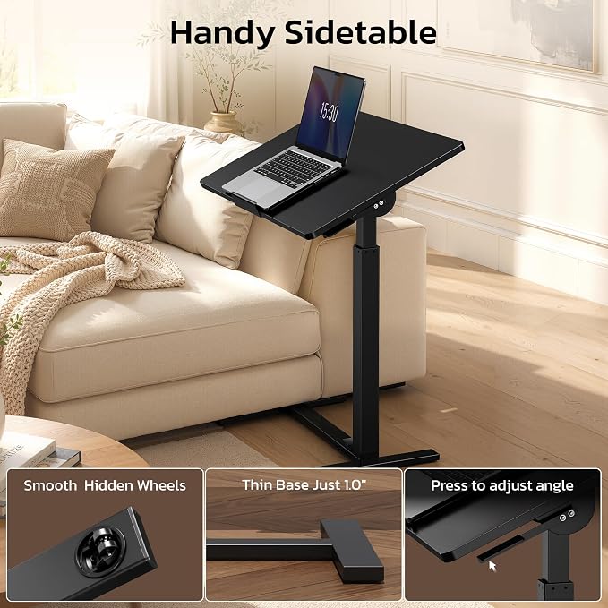 Mobile Standing Desk Adjustable Overbed Table, Pneumatic Height Adjustable Rolling Laptop Desk with Hidden Wheels, 0-180°Tilt Top Rolling Computer Cart Foldable for Home Office, Craft & Study, Black