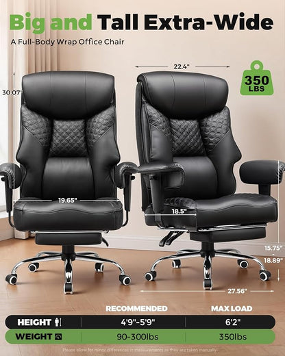 GTPLAYER Big and Tall Office Chair, High Back Computer Gaming Chair with Ergonomic Lumbar Support &Pocket Spring Cushion for Lower Back Pain Relief, Leather Executive Chair with Foot Rest, Black