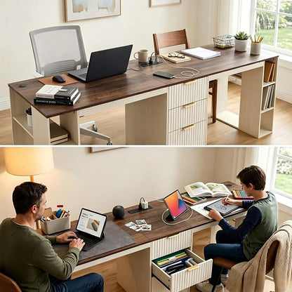 NORTHSKY 96.5" 2 Person Desk with Power Outlet & USB Ports, Double Computer Desk with Drawers & Storage Shelves, Modern Fluted Home Office Desk, White