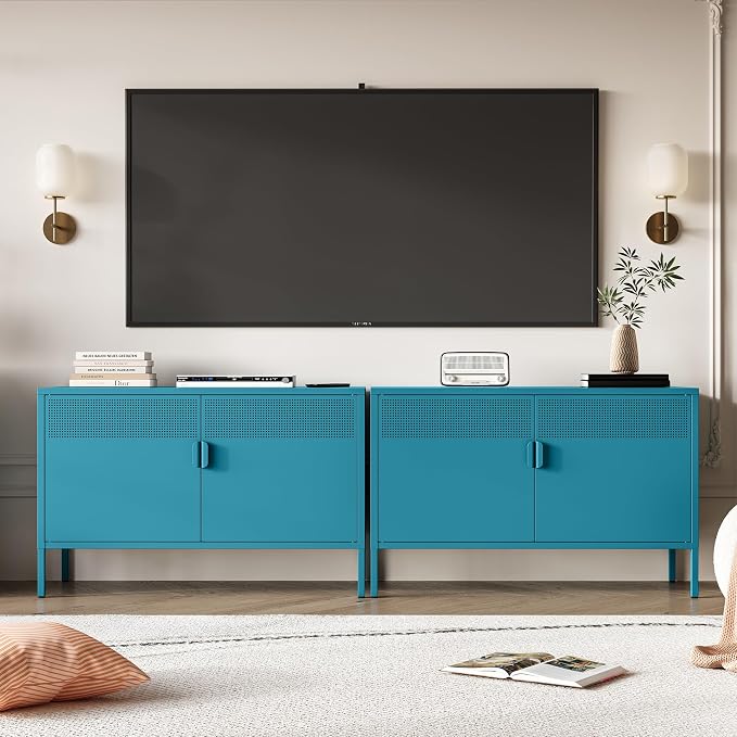 Chshin Metal Storage Cabinet with Doors,Blue Accent Cabinet,Metal Locker Storage Cabinets,2 Door TV Media Stand with Removable Shelves for,Home,Office,Entryway,Living Room