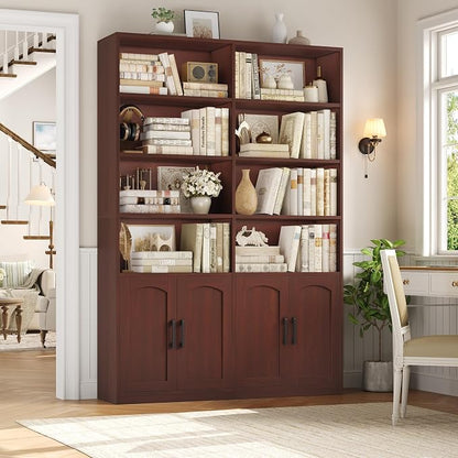 FACBOTALL Bookshelf and Bookcase with Doors, 6 Tier Double Wide Large Bookshelves, Open Display Shelves, 73'' Tall Bookshelf with Storage Cabinets for Home Office, Living Room, Library, Cherry