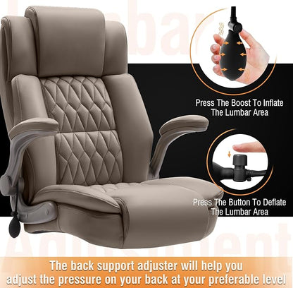 Large High Back Office Chair - Adjustable Lumbar Support Flip Up Arms Heavy Duty Quiet Wheels Metal Base Breathable Bonded Leather Ergonomic Executive Computer Desk Chair with Storage Bags, Khaki
