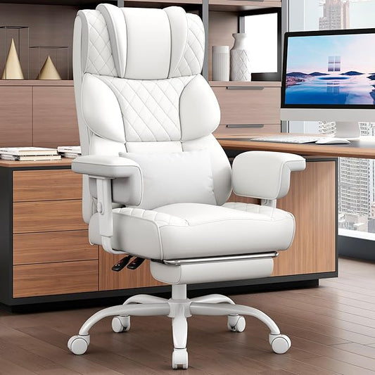 Vonesse Big and Tall Office Chair, Desk Chair with Soft Adjustable Armrests, Ergonomic High Back Gaming Chair with Lumbar Support, Executive Computer Chairs with Footrest (PU Leather,White)