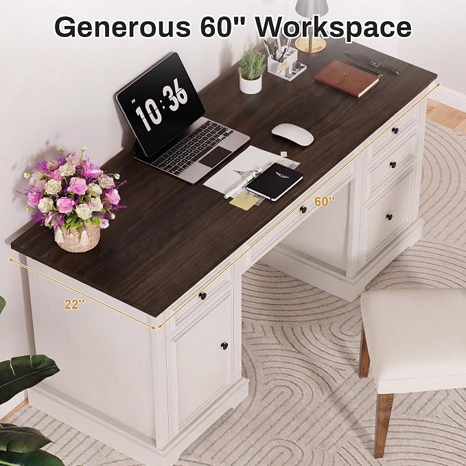 Vipbear 60" Farmhouse Executive Desk with Drawers and Cabinet, Embossed Texture Wood Home Office Desk, Rustic Computer Writing Desk, Workspace for Work Study Writing, White