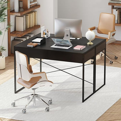 GOFLAME 44 Inch Computer Desk with 2 Drawers, Home Office Desk with Metal Frame, Small Study Writing Workstation with Storage, PC Laptop Table for Living Room, Bedroom, Study, Black