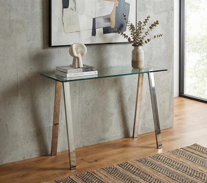 Cortesi Home Trixie Glass Top Desk/Console Table with Stainless Steel Frame, 40"