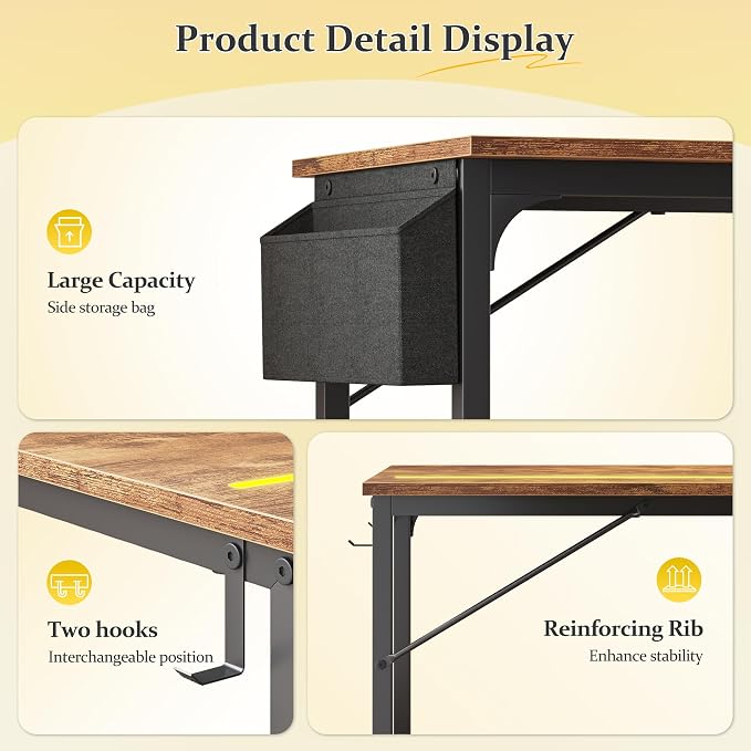 DurayLoly 48 Inch Computer Desk with Waterproof LED Lights,Study Desk for Teens & Home Office,Headphone Hook & Storage Bag Included,Sturdy Metal Frame,Small Space Friendly,Rustic Brown