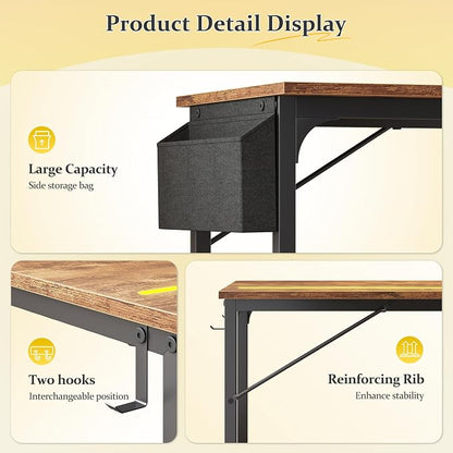 DurayLoly 48 Inch Computer Desk with Waterproof LED Lights,Study Desk for Teens & Home Office,Headphone Hook & Storage Bag Included,Sturdy Metal Frame,Small Space Friendly,Rustic Brown
