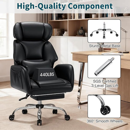 HOFFREE Criss Cross Office Chair with Wheels Ergonomic Office Chair with Reversible Armrest Wide Seat Comfy Desk Chair with Foot Rest for Gaming, Reading, Working (Black,Leather)