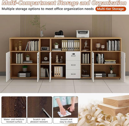 File Cabinet with Password Lock, Wood Lateral Filing Cabinet for Letter/A4 Files, 3 Drawer with Door, Printer Stand with Open Shelves for Home Office