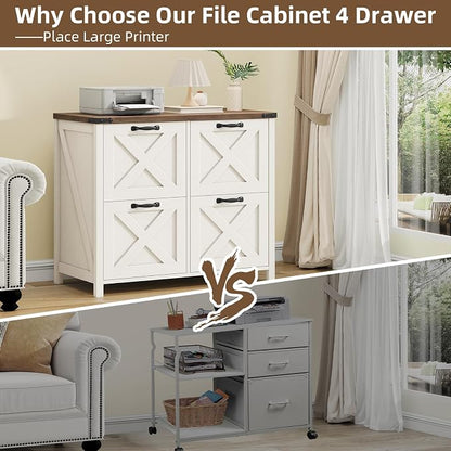 Befrases Farmhouse File Cabinet, Lateral Filing Cabinet with 4 Drawers for Letter/A4 Size Hanging Files, Wooden Printer Stand File Storage Cabinet for Home Office Cabinets, Rustic White