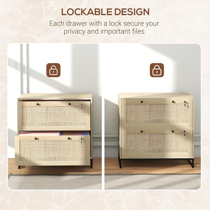 Vinsetto 2 Rattan Drawer File Cabinet with Lock, Lateral Filing Cabinet with Adjustable Hanging Bar for Letter, A4 and Legal Size Files, Printer Stand for Home Office, Natural