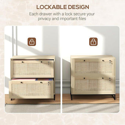 Vinsetto 2 Rattan Drawer File Cabinet with Lock, Lateral Filing Cabinet with Adjustable Hanging Bar for Letter, A4 and Legal Size Files, Printer Stand for Home Office, Natural