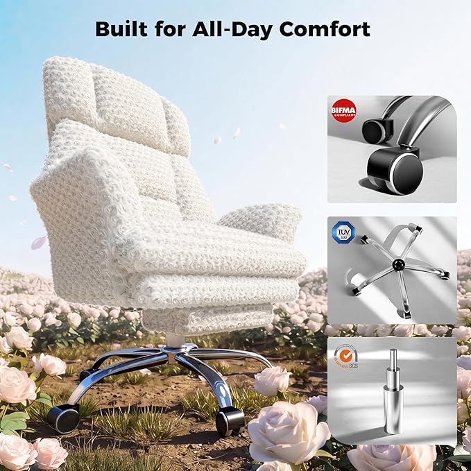 HOMRELEXA Big and Tall Office Chair, Flip Armrests for Pets & Cross Legged Sitting, Executive Ergonomic Computer Gaming Chair with Foot Rest, White Rose Velvet Wide Seat Reclining Desk Chair