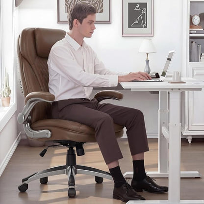 COLAMY High Back Executive Office Chairs Set of 2, Ergonomic PU Leather Desk Chairs with Flip-Up Armrests, Adjustable Height, Lumbar Support, Comfortable Computer Chairs for Home Office, Brown