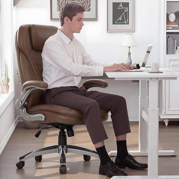 COLAMY Office Chair Ergonomic Desk Chair Set of 2-Executive Office Chair with Upgraded Caters, High Back Computer Chair Flip-up Arms, Swivel Leather Chair for Work/Study, 300lbs, Brown