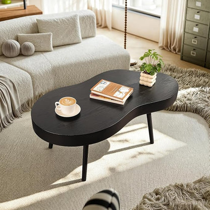 Black Coffee Table Wooden Cloud Shaped Coffee Tables with Thick Top Mid-Century Modern Irregular Center Living Room Tables Cute Floor Table for Living Room Bedroom Apartment