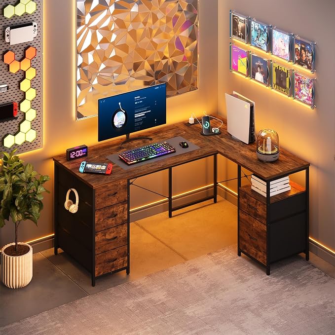 YOUDENOVA 55 Inch L Shaped Desk with Power Outlets & Type-C Port, Reversible Corner Computer Desk with 6 Drawers & File Cabinet, Large Workstation for Home Office, Gaming, Study, Rustic Brown