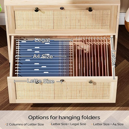 VINGLI Wood Rattan 2 Drawer Lateral File Cabinet with Lock for Home Office, Lockable Filing Cabinet with Rustic Metal Handles for Hanging Letter/A4/Legal Size Labeled Folders, Oak, 30W x 16D x 28H