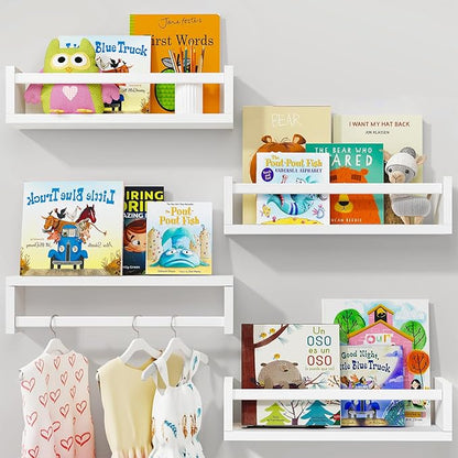 Fixwal Floating Book Shelves for Wall, 16.5 Inch Nursery Book Shelves for Playroom Decor, Set of 4, Solid Wood Wall Mounted Shelves for Books and Toys Storage (White)