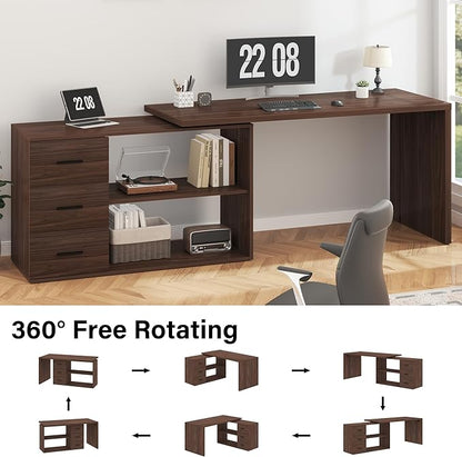 HSH L Shaped Office Desk with Drawers Shelves 55-76 Inch, Corner Computer Desk with Storage 360 Rotating Long for Work, Executive, Study, Writing, Teacher, Bedroom Modern Gaming Table, Walnut