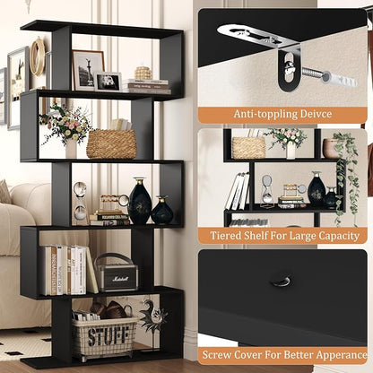 Yusong Bookshelf 5-Tier, Geometric Bookcase S Shaped Book Shelves for Bedroom, Modern Wood Decorative Display Shelf Book Case for Home Office, Black
