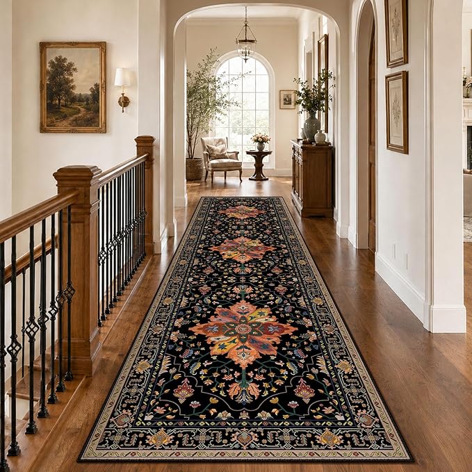 RELEANY Area Rugs Runner 3'x10' Washable Non-Slip, Floral Vintage Distress Medallion Carpet for Kitchen Hallway Bedroom Beside Laundry Room Bathroom, Black Colorful Floral Dark Tan
