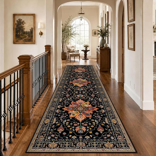 RELEANY Area Rugs Runner 3'x10' Washable Non-Slip, Floral Vintage Distress Medallion Carpet for Kitchen Hallway Bedroom Beside Laundry Room Bathroom, Black Colorful Floral Dark Tan