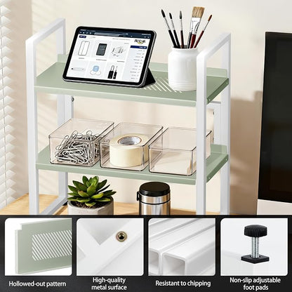 Brakki Desk Shelf Organizer, Adjustable 2 Tier Metal Desktop Shelves, Desktop Bookshelf Organization with Foot Mat, Multi-Functional Small Storage Rack for Office Dorm Home, White and Green