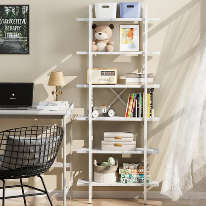 Bookshelf 6 Tiers White Wooden Storage Shelf,Modern Open Display Storage Bookcase Book Organizer,Metal Bookshelf Standing Storage Shelf Tall Shelving Units for Home Office Study
