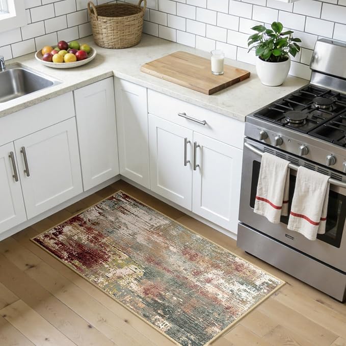 RELEANY Washable Area Rugs 2'x4' Non-Slip Modern Abstract Soft for Living Room Entryway Bedroom Kitchen, Print Pattern, Brown Rust Red Green Blue Multi