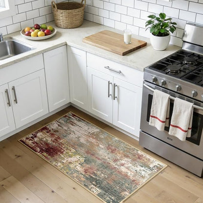 RELEANY Washable Area Rugs 2'x4' Non-Slip Modern Abstract Soft for Living Room Entryway Bedroom Kitchen, Print Pattern, Brown Rust Red Green Blue Multi